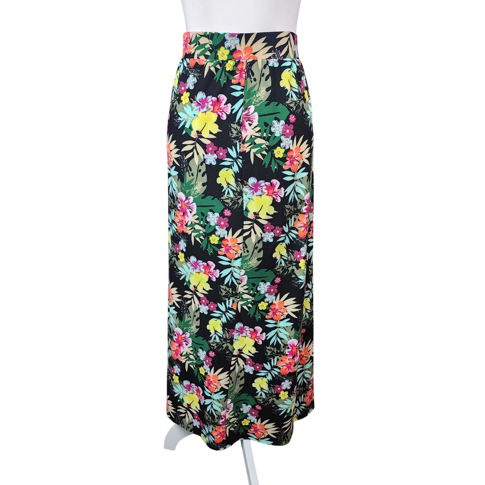 Terra & Sky Maxi Skirt Womens 0X 14W Black Tropical Floral Pockets Slit Stretch